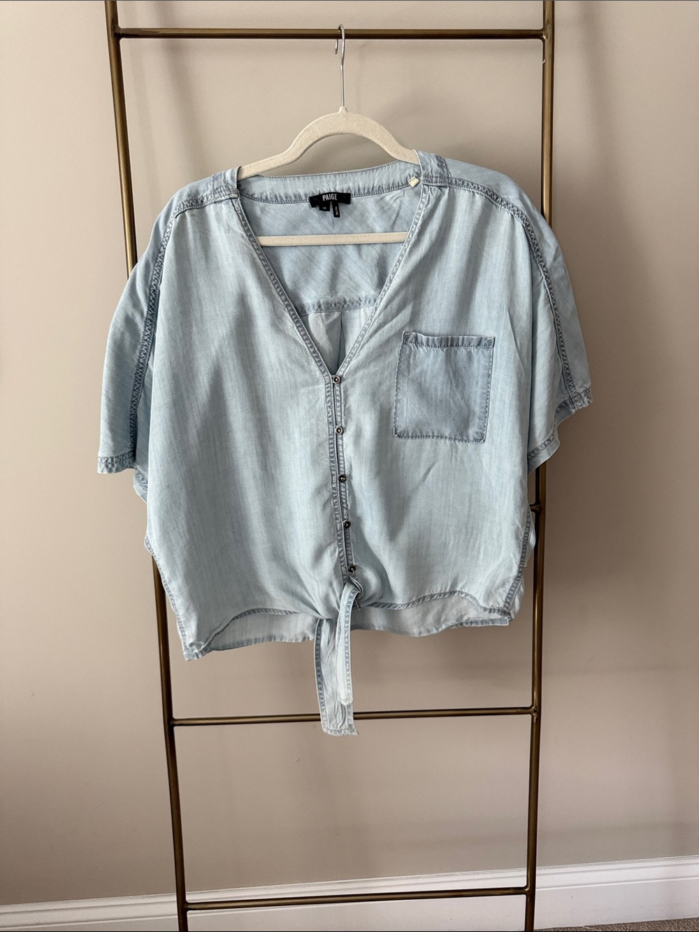 PAIGE Light Wash Tie-Front Button Blouse